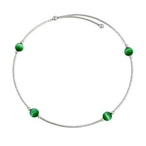 Green Cat’s Eye Memory Wire Bracelet | Vintage Sterling Silver | 8” Adjustable